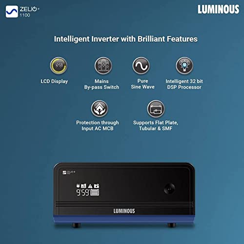 Luminous Inverter & Battery Combo for Home, Shop & Office – Zelio+ 1100 (900VA/12V) Pure Sine Wave Inverter + RC25000 200Ah Tall Tubular Battery | 