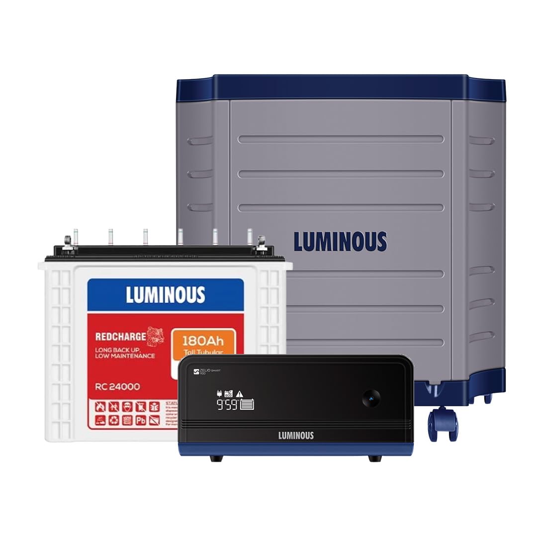 Luminous Inverter & Battery Combo with Trolley for Home & Shops | Zelio+ 1100 (900VA/12V) Pure Sine Wave Inverter | RC 24000 180 Ah Tall Tubular Battery |
