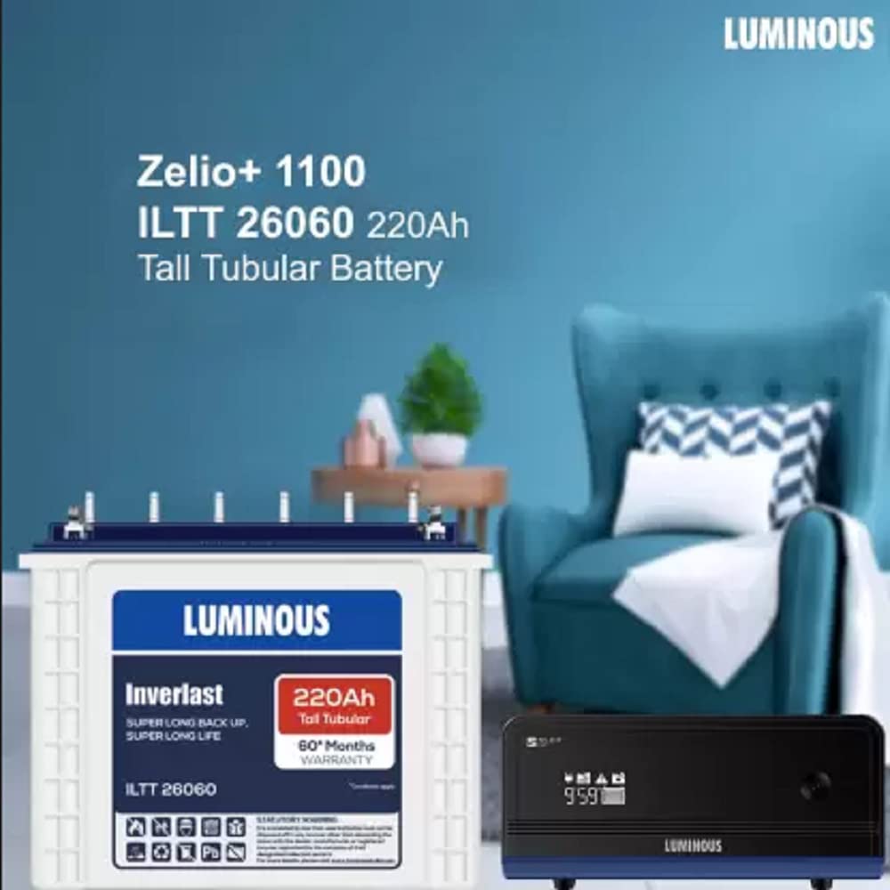 Luminous Inverlast ILTT26060 220Ah Tall Tubular Battery with Zelio+1100 Pure Sine Wave Inverter