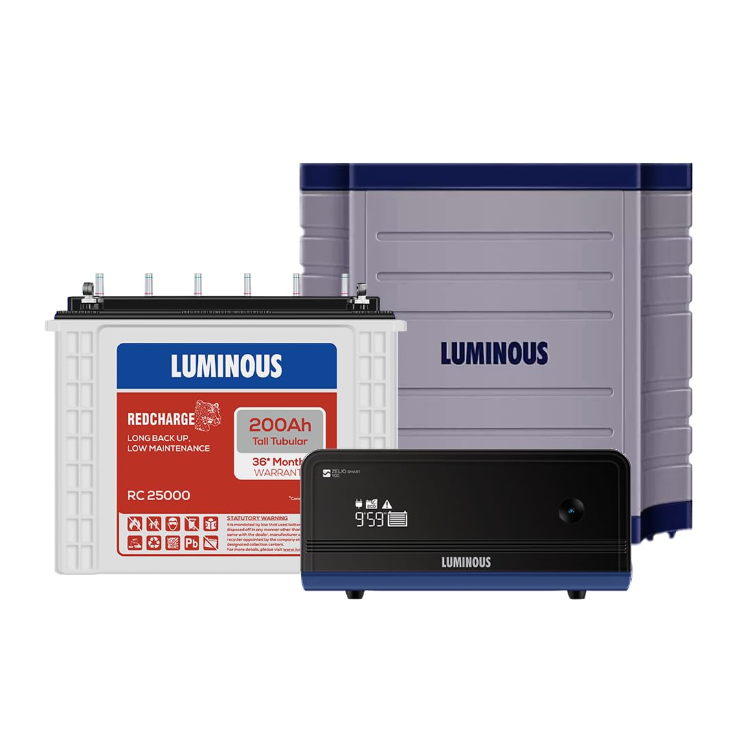 Luminous Inverter & Battery Combo with Trolley for Home & Shops | Zelio+ 1100 (900VA/12V) Pure Sine Wave Inverter | RC 25000 200 Ah