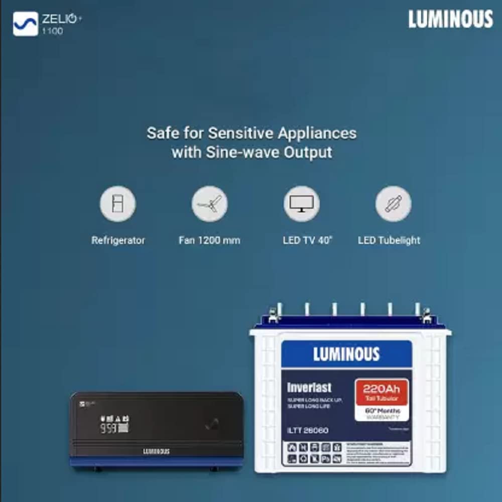 Luminous Inverlast ILTT26060 220Ah Tall Tubular Battery with Zelio+1100 Pure Sine Wave Inverter