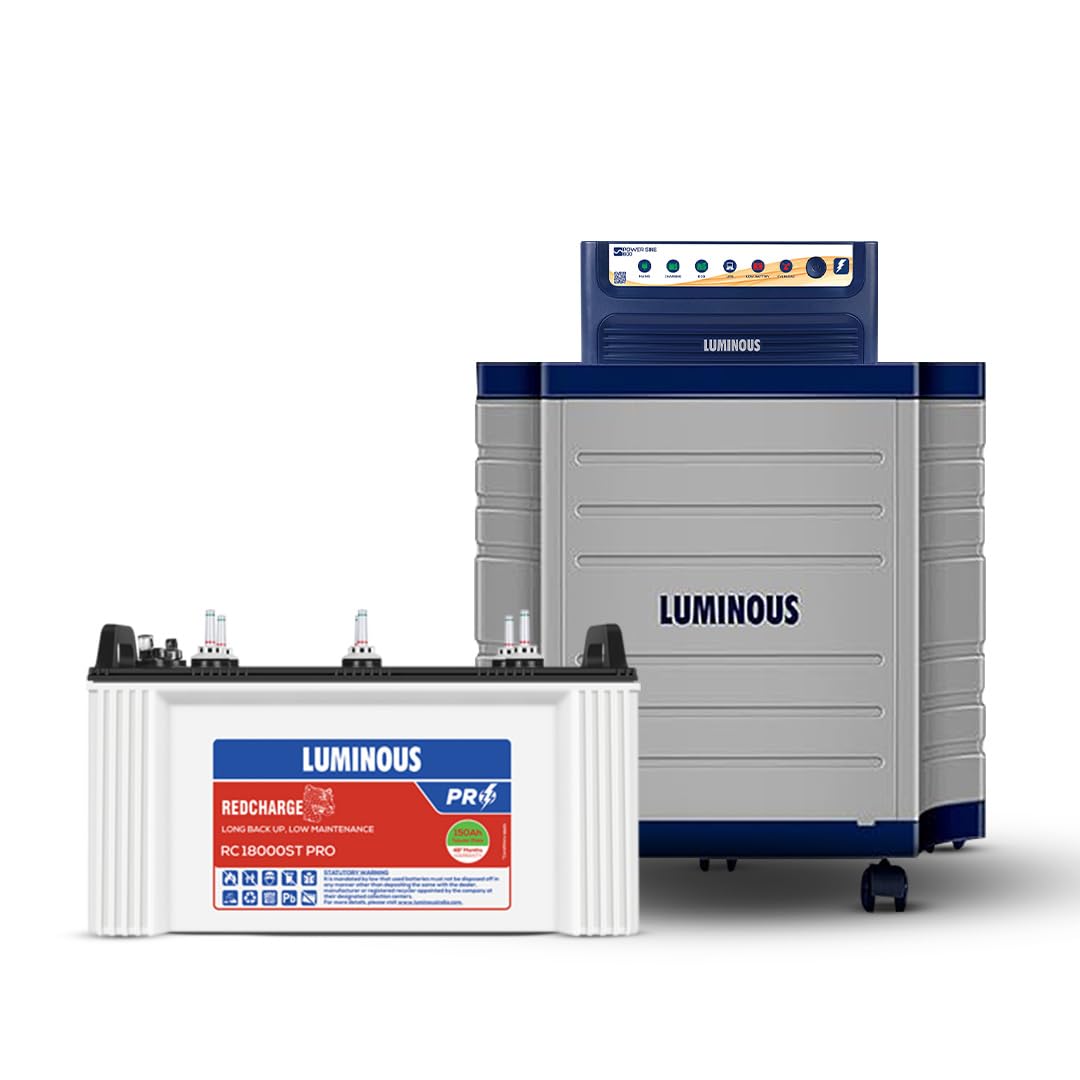 Luminous Inverter & Battery Combo with Trolley for Home & Shops | Power sine 800 (700VA/12V) Pure Sine Wave Inverter | RC 18000ST Pro 150Ah Short Tubular Battery |