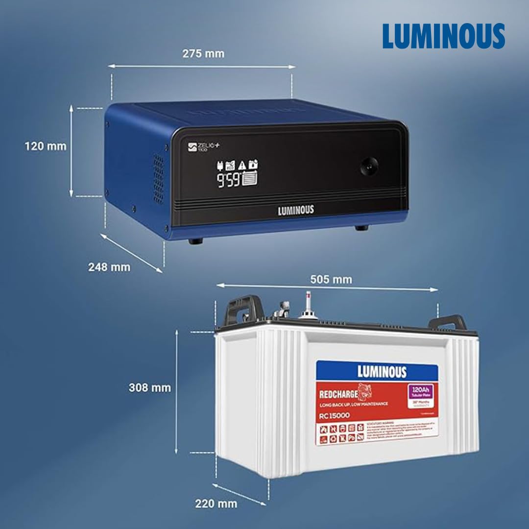 Luminous Inverter & Battery Combo with Trolley for Home & Shops | Zelio+ 1100 (900VA/12V) Pure Sine Wave Inverter | RC 15000 Pro 