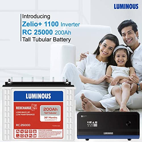 Luminous Inverter & Battery Combo for Home, Shop & Office – Zelio+ 1100 (900VA/12V) Pure Sine Wave Inverter + RC25000 200Ah Tall Tubular Battery | 