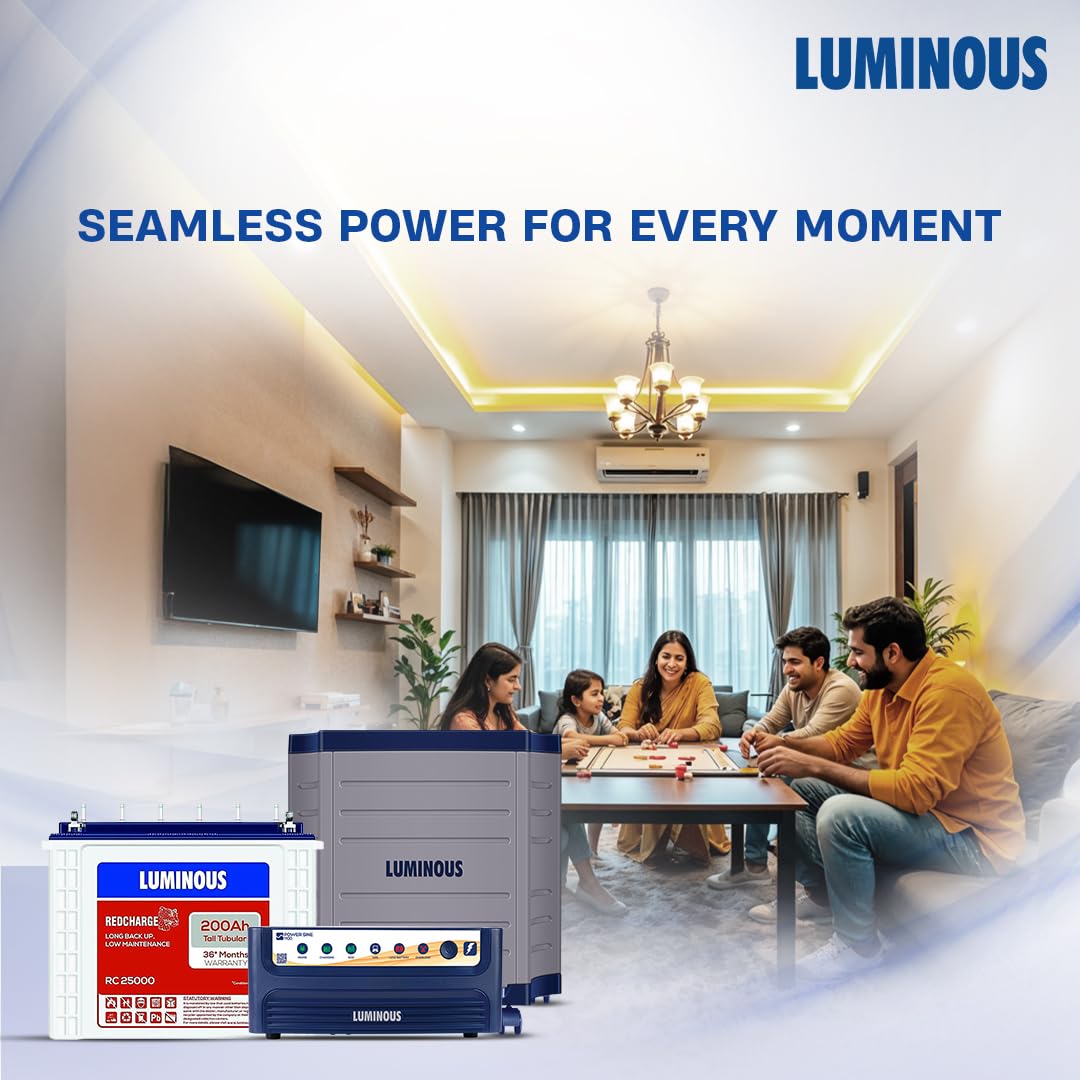 Luminous Inverter & Battery Combo with Trolley for Home & Shops | Power sine 1100 (900VA/12V) Pure Sine Wave Inverter | RC 25000 200 Ah Tall Tubular Battery |