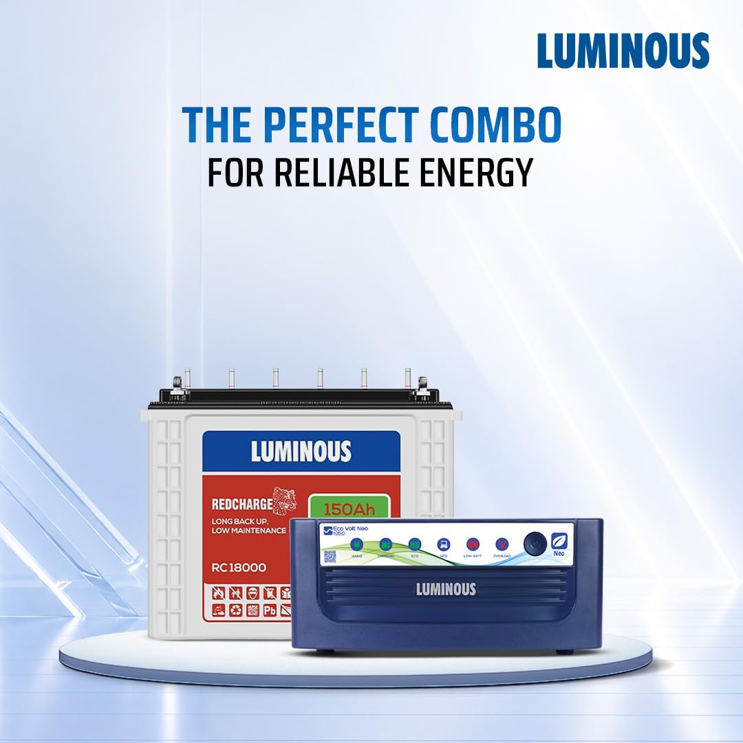Luminous Inverter & Battery Combo for Home, Shop & Office – Eco Volt Neo 1050 (900VA/12V) Sine Wave Inverter + RC18000 150Ah Tall Tubular Battery