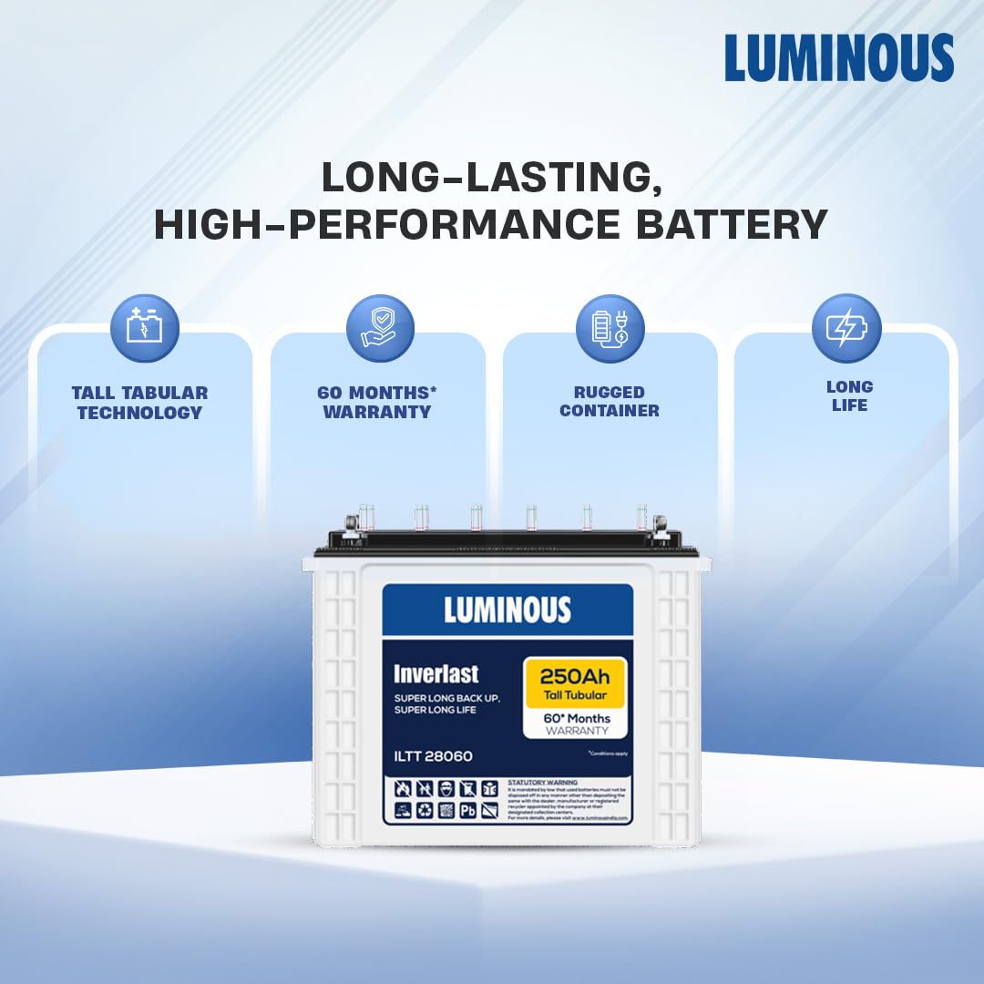 Luminous Inverter & Battery Combo for Home, Office & Shops | Hercules Sine Pro 1500 (1400VA/12V) Pure Sine Wave Inverter | ILTT 28060 250 Ah Tall Tubular Battery | 