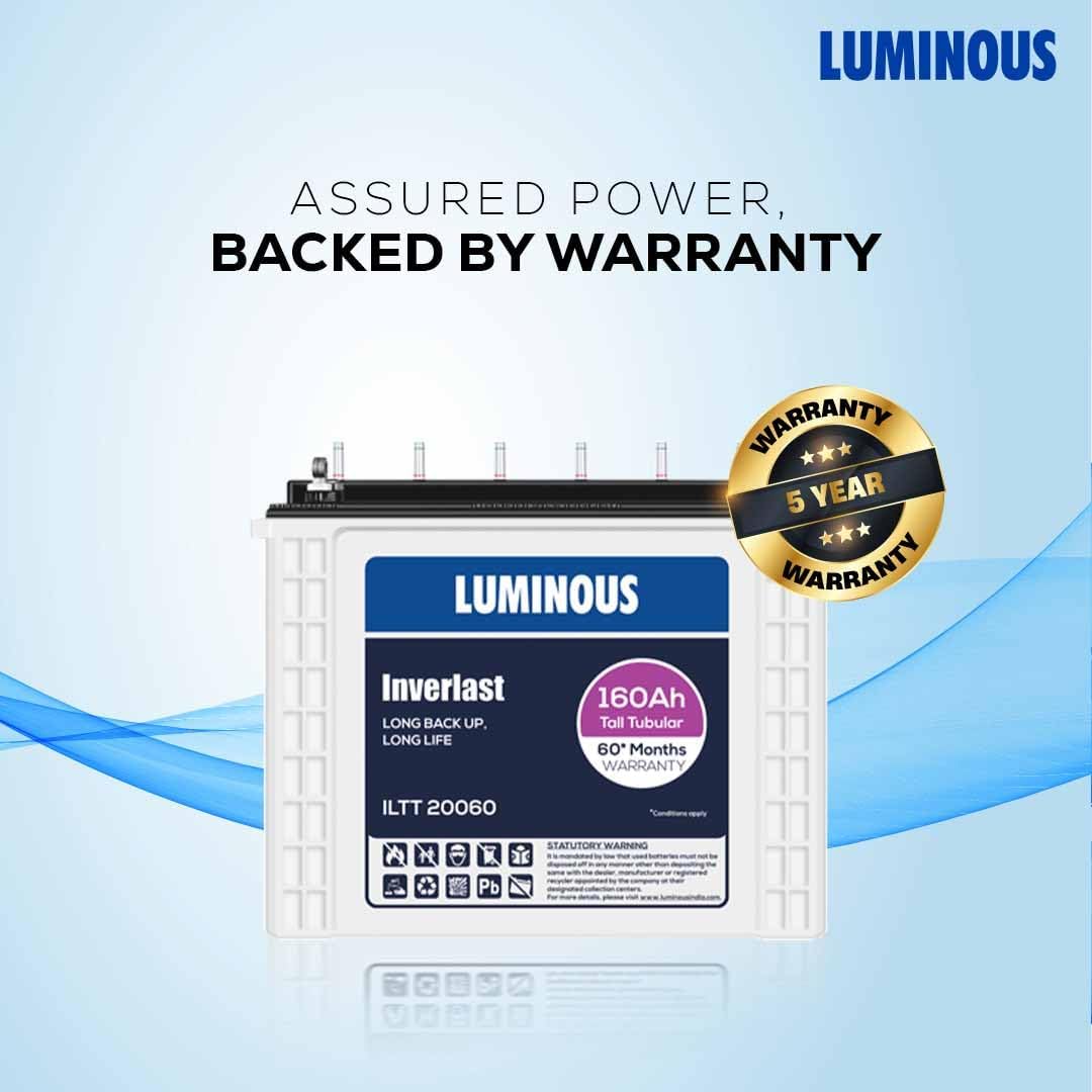 Luminous Inverter & Battery Combo (Power sine 1100 Pure Sine Wave 900VA/12V Inverter with ILTT20060 Tall Tubular 160Ah Battery + Trolley) 
