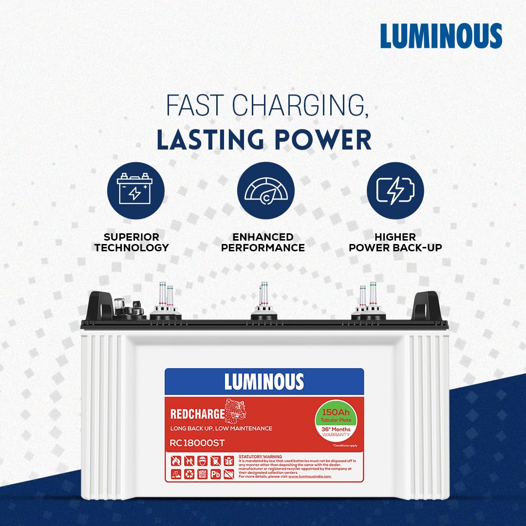 Luminous Inverter & Battery Combo Zelio+ 1100 (900VA/12V) Pure Sine Wave Inverter + RC18000ST 150Ah Short Tubular Battery