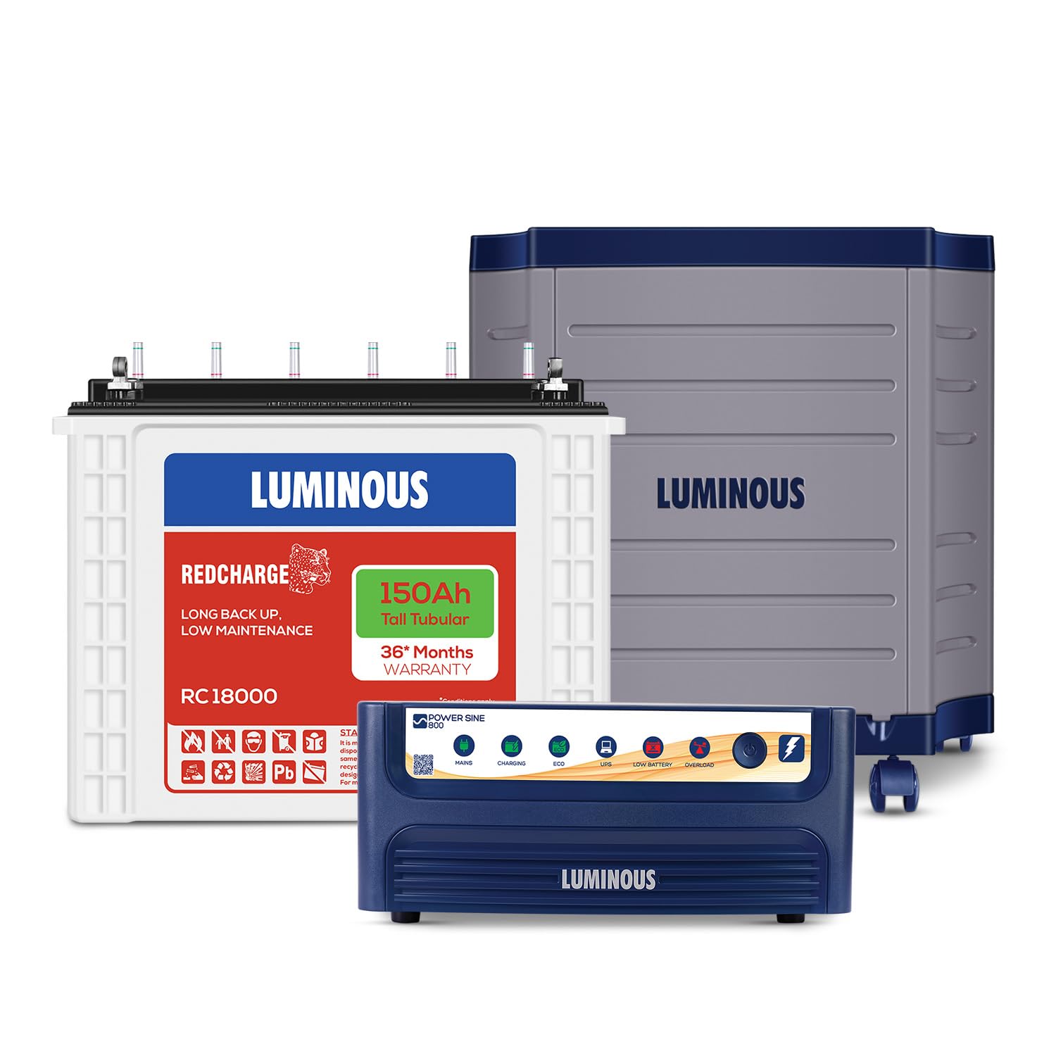 Luminous Inverter & Battery Combo (Power sine 800 Pure Sine Wave 700VA/12V Inverter with RC 18000 Tall Tubular 150Ah Battery + Trolley)
