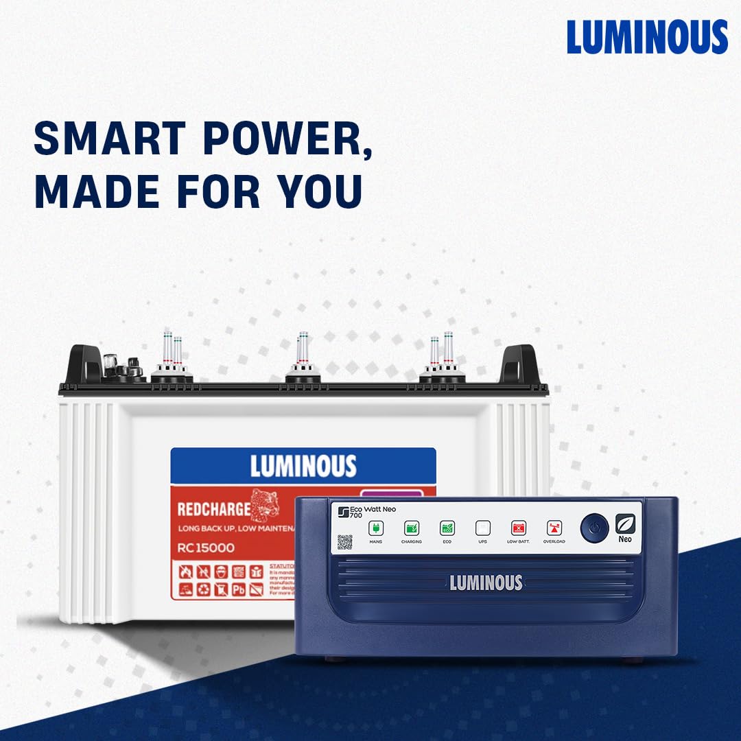 Luminous Inverter & Battery Combo (Eco Watt Neo 700 Square Wave 600VA/12V Inverter with Red Charge RC 15000ST Short Tubular 120Ah Battery)