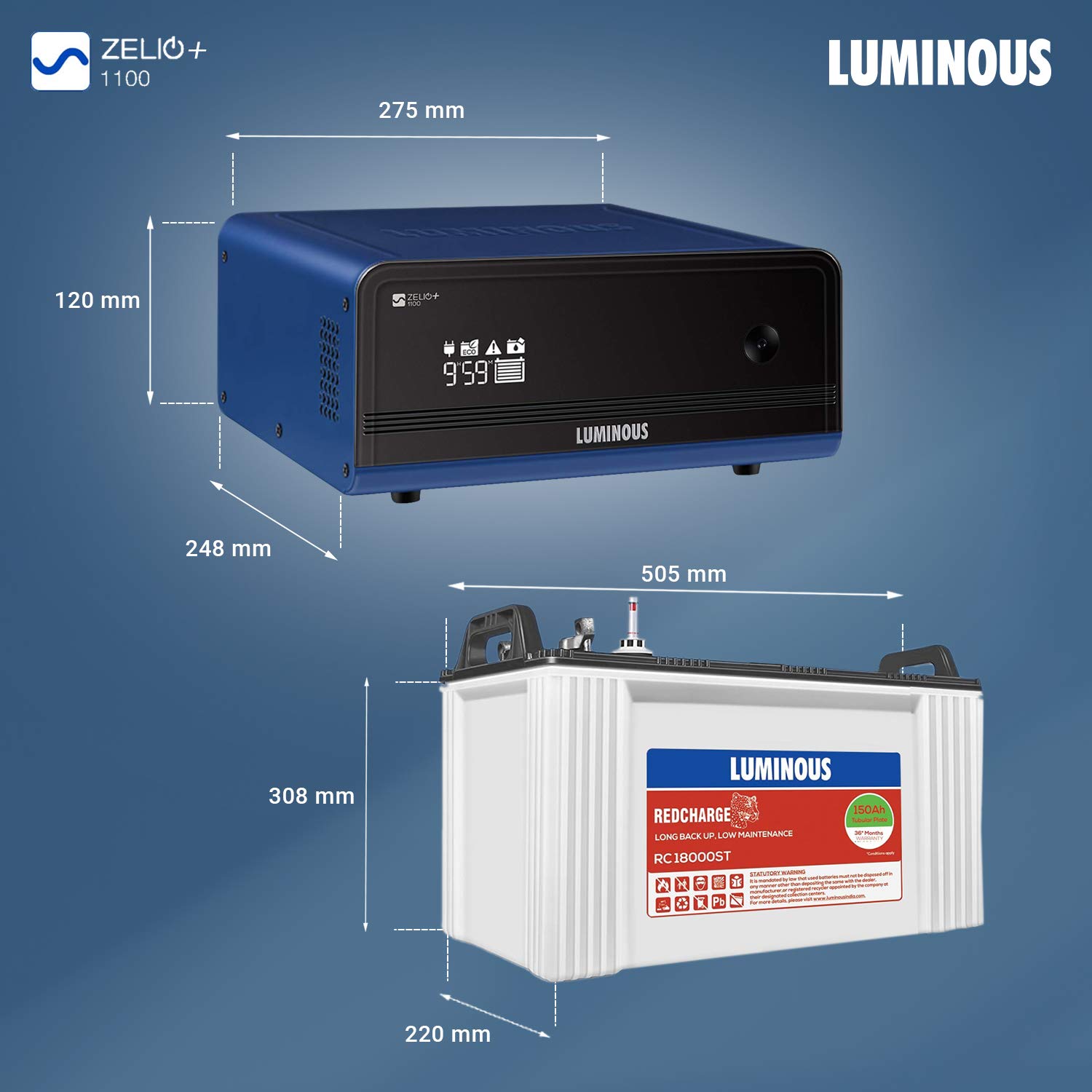Luminous Inverter & Battery Combo Zelio+ 1100 (900VA/12V) Pure Sine Wave Inverter + RC18000ST 150Ah Short Tubular Battery