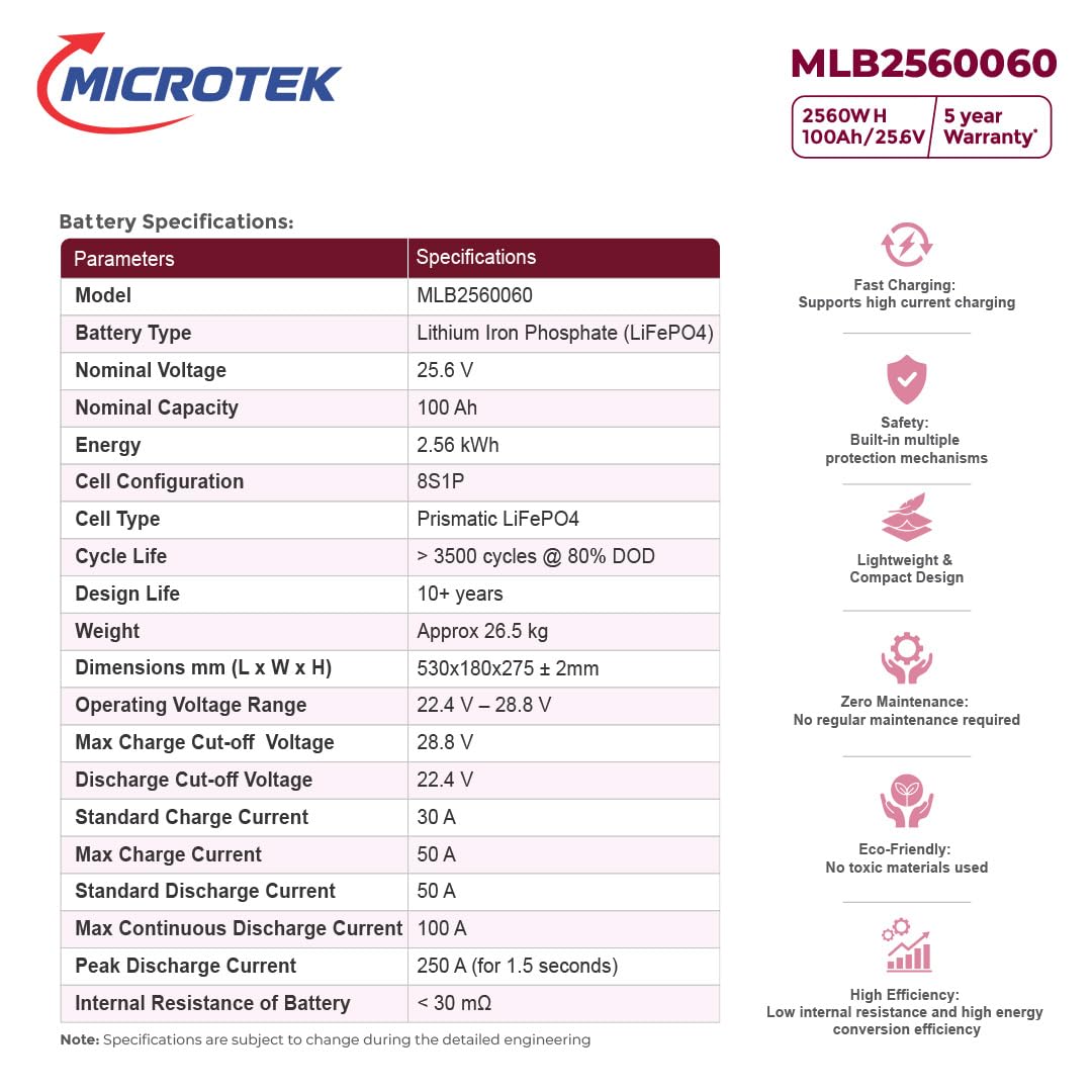 Microtek MLB2560060  100Ah 25.6V LiFePO4 Lithium Inverter Battery