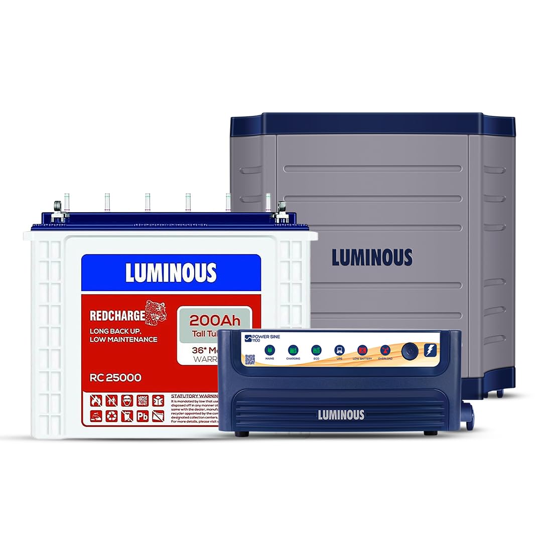 Luminous Inverter & Battery Combo with Trolley for Home & Shops | Power sine 1100 (900VA/12V) Pure Sine Wave Inverter | RC 25000 200 Ah Tall Tubular Battery | 