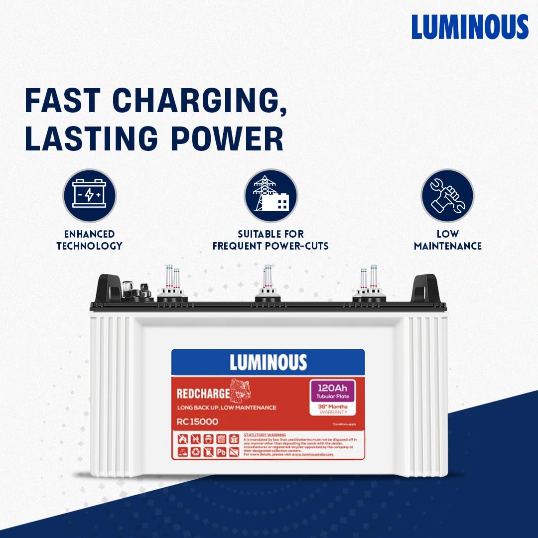 Luminous Inverter & Battery Combo (Eco Watt Neo 700 Square Wave 600VA/12V Inverter with Red Charge RC 15000ST Short Tubular 120Ah Battery)