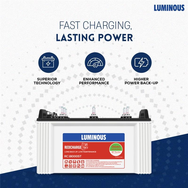 Luminous Inverter & Battery Combo with Trolley for Home & Shops | Zelio+ 1100 (900VA/12V) Pure Sine Wave Inverter | RC 18000ST 150 Ah Short Tubular Battery 