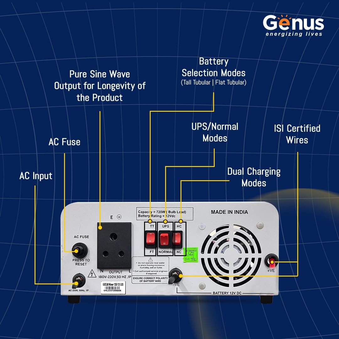 Genus Inverter with Battery Combo (Inverter: Winner 1200 / Pure Sine Wave / 900VA / 12V / 3 Year Warranty || Battery: GTT270 / TT Battery / 230 Ah / 72M Warranty) 