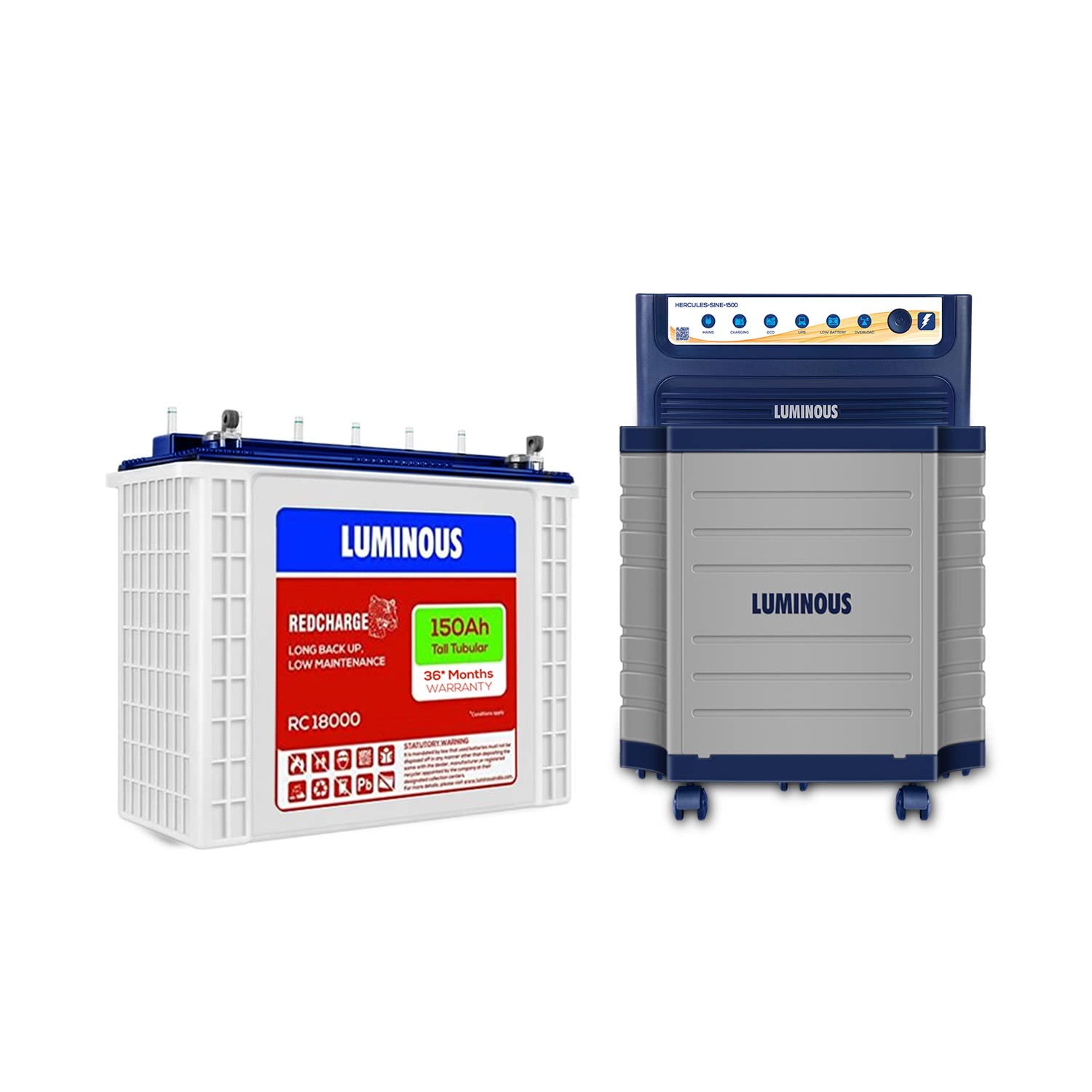 Luminous Inverter & Battery Combo with Trolley for Home & Shop | Hercules Sine Pro 1500 (1400VA/12V) Pure Sine Wave Inverter | RC18000 150Ah Tall Tubular Battery