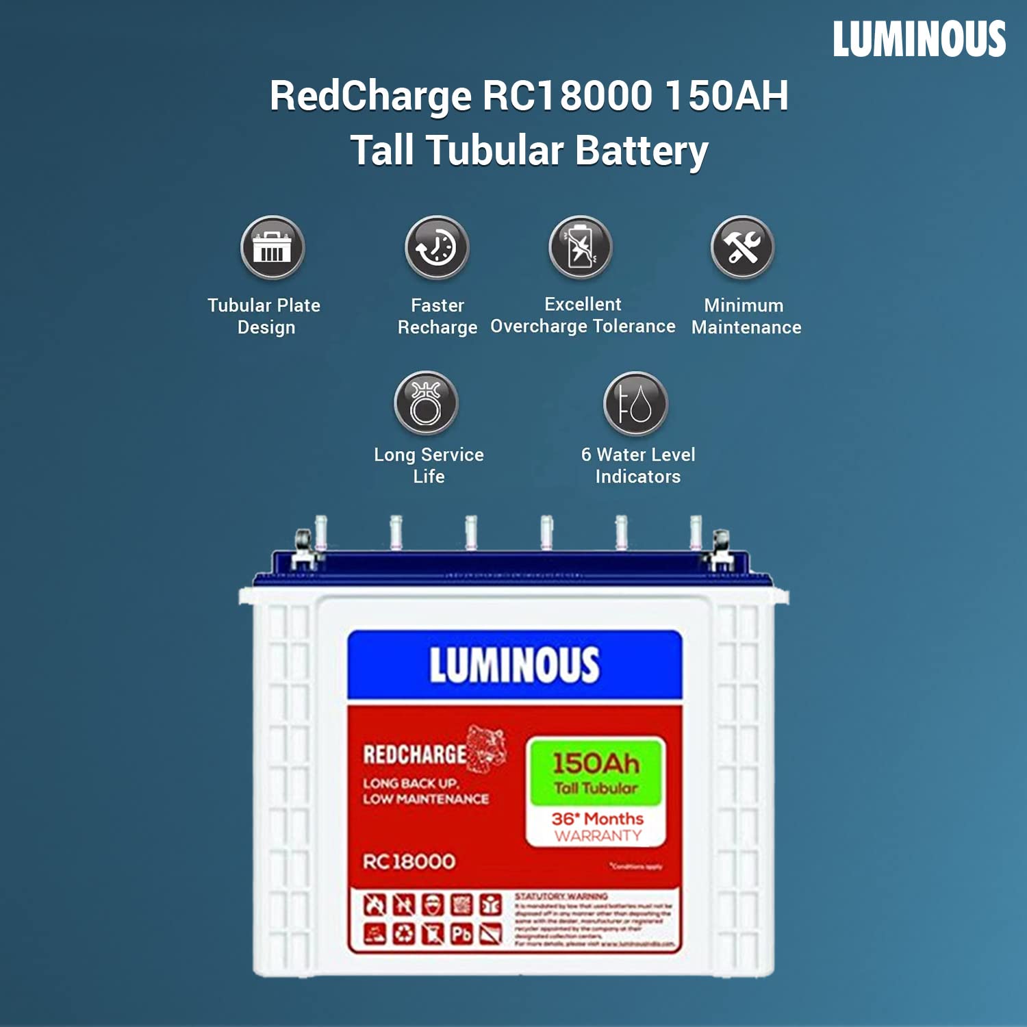 Luminous Inverter & Battery Combo with Trolley for Home & Shop | Hercules Sine Pro 1500 (1400VA/12V) Pure Sine Wave Inverter | RC18000 150Ah Tall Tubular Battery