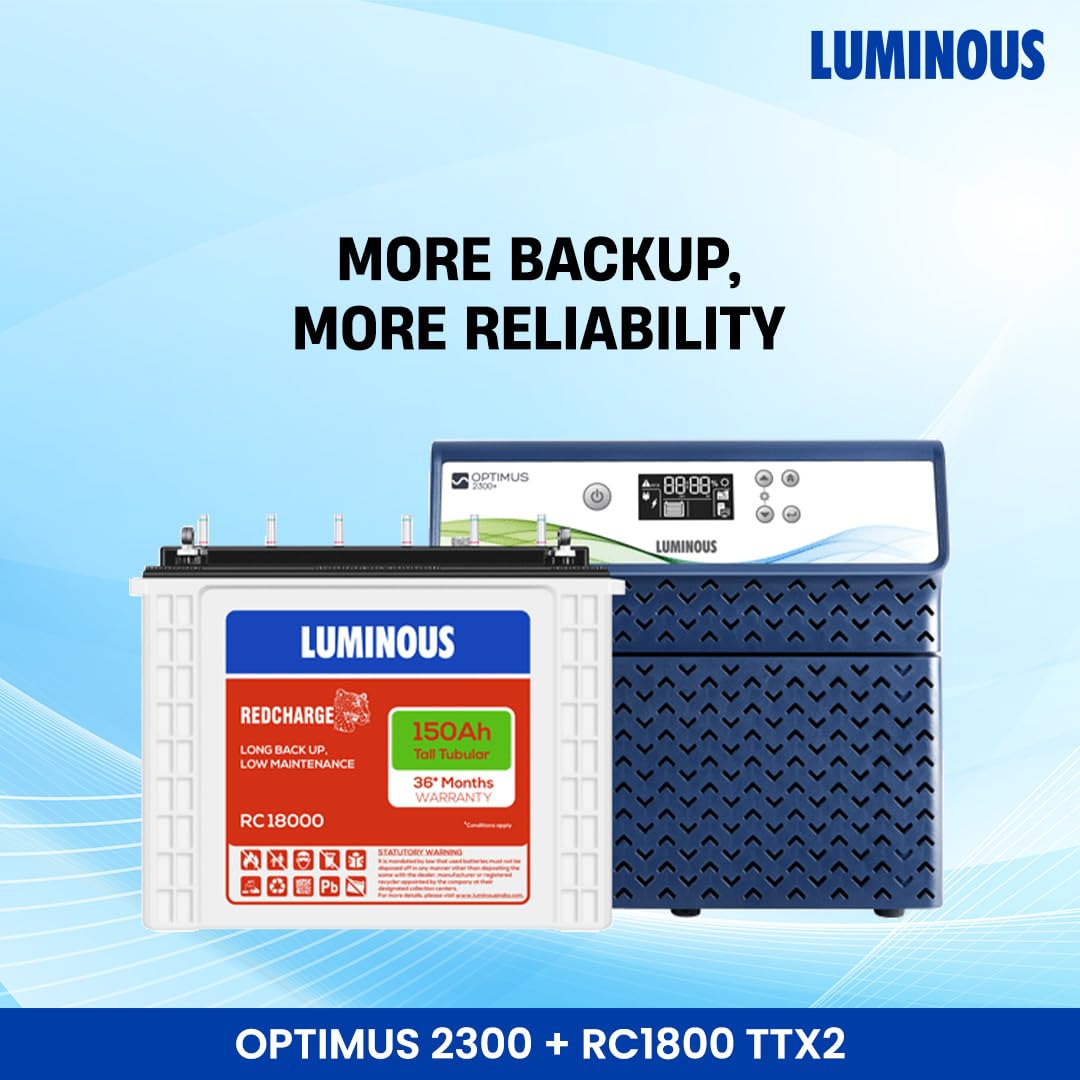 Luminous Inverter & Battery Combo for Home, Office & Shops | Optimus 2300+ (2000VA/24V) Pure Sine Wave Inverter | 2 x RC 18000 150 Ah Tall Tubular Batteries | 