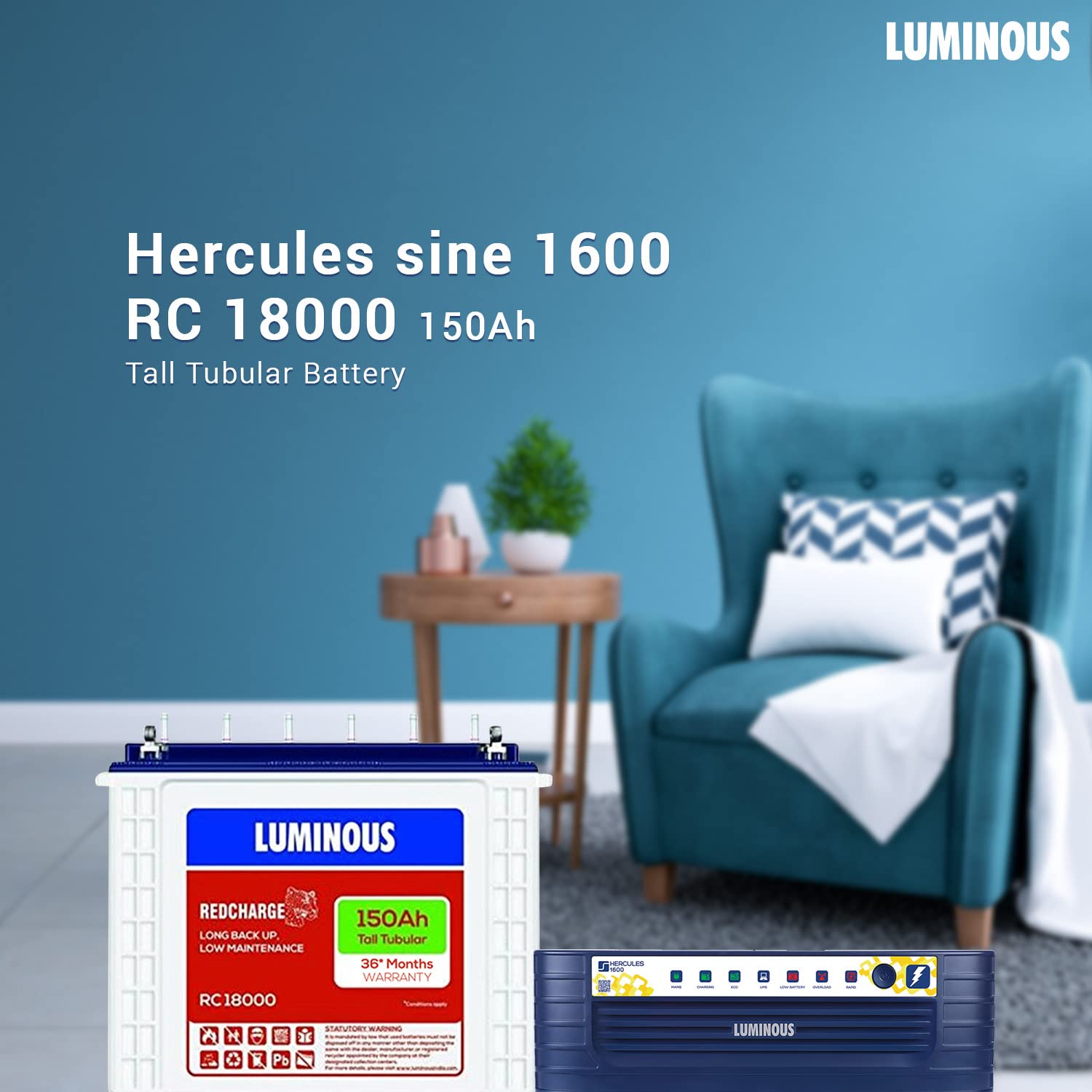 Luminous Inverter for Home, Office & Shop with Luminous Battery, Hercules 1600 Square Wave 1500VA 12 Volt Inverter with Red Charge RC 