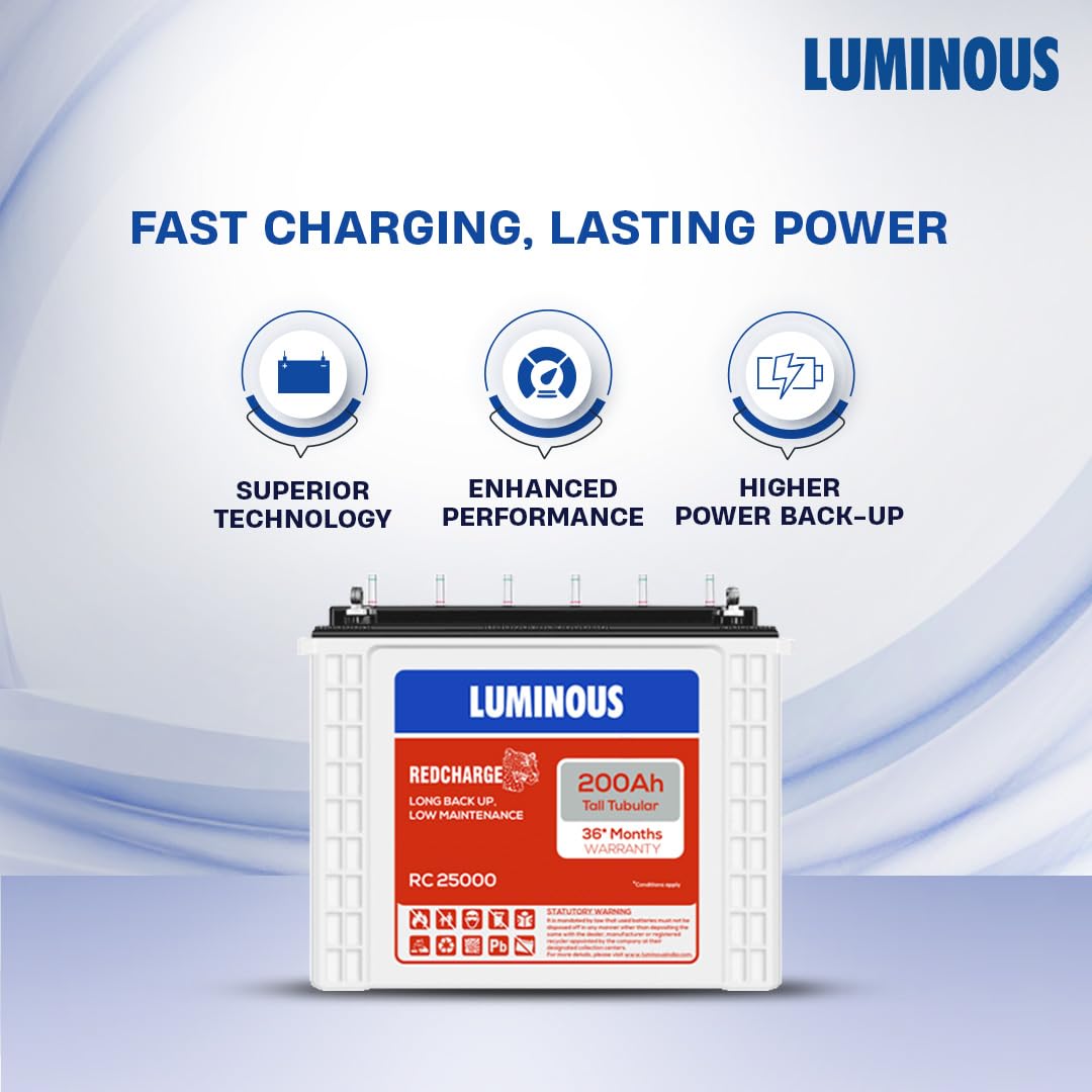 Luminous Inverter & Battery Combo for Home, Shop & Office – Power sine 1100 (900VA/12V) Pure Sine Wave Inverter + RC25000 200Ah Tall Tubular Battery l