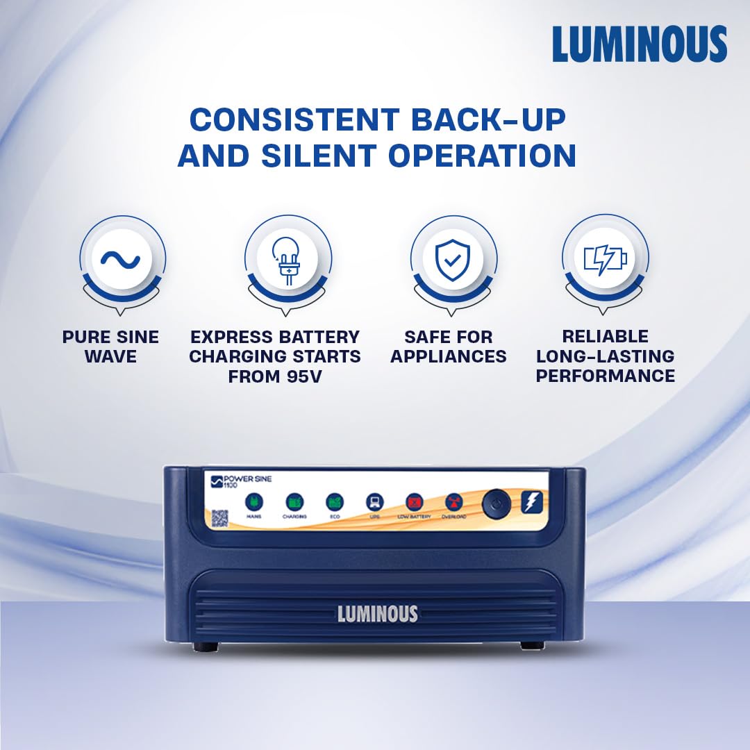 Luminous Inverter & Battery Combo for Home, Shop & Office – Power sine 1100 (900VA/12V) Pure Sine Wave Inverter + RC25000 200Ah Tall Tubular Battery l