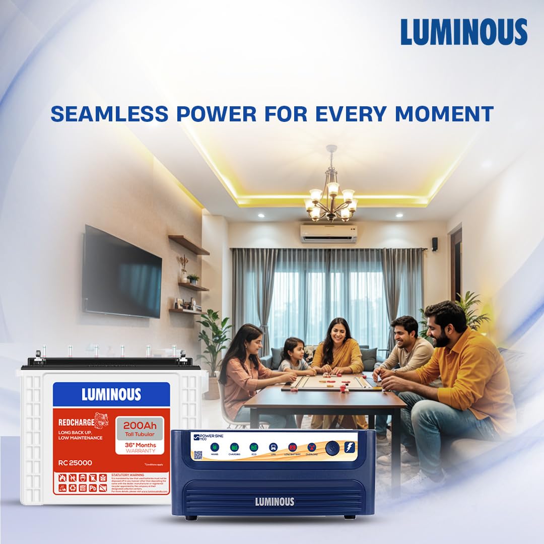 Luminous Inverter & Battery Combo for Home, Shop & Office – Power sine 1100 (900VA/12V) Pure Sine Wave Inverter + RC25000 200Ah Tall Tubular Battery l