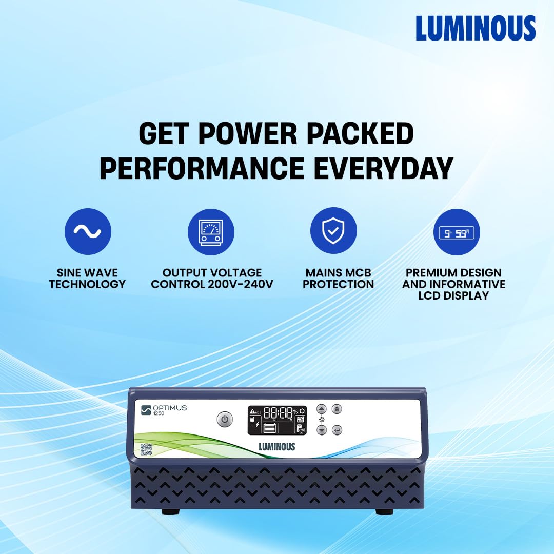 Luminous Inverter & Battery Combo for Home, Office & Shops | Optimus 1250+ (1100VA/12V) Pure Sine Wave Inverter | RC 24000 180 Ah Tall Tubular Battery 