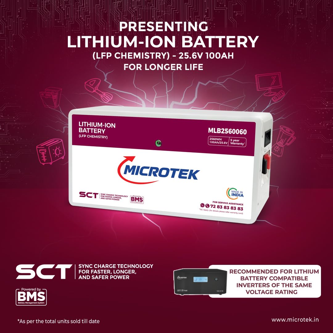 Microtek MLB2560060  100Ah 25.6V LiFePO4 Lithium Inverter Battery