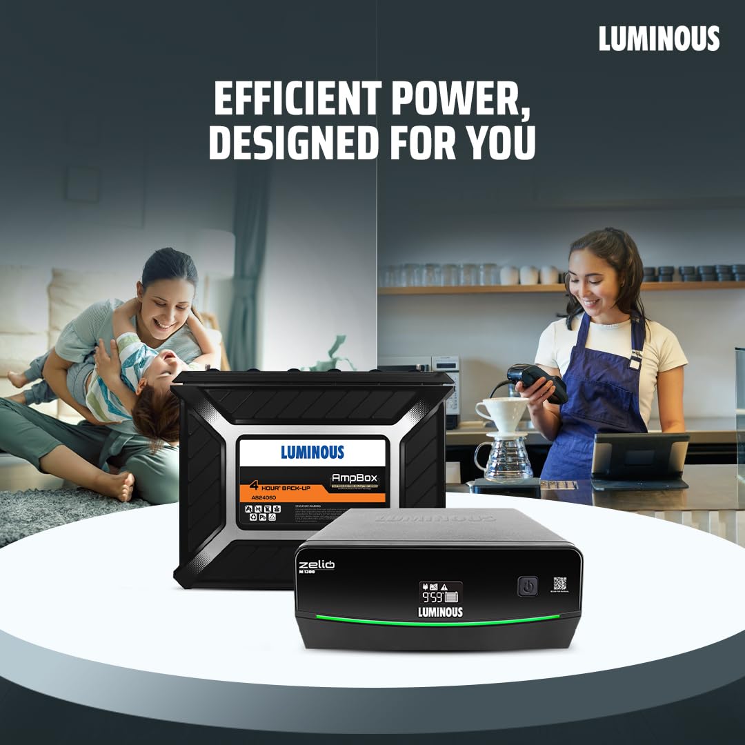 Luminous Inverter & Battery Combo for Home, Shop & Office – Zelio M 1300 (1100VA/12V) Sine Wave Inverter + Ampbox AB24060 Gel Battery with 4 Hr Backup| 