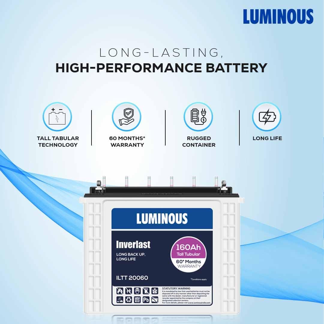 Luminous Inverter & Battery Combo (Power sine 1100 Pure Sine Wave 900VA/12V Inverter with ILTT20060 Tall Tubular 160Ah Battery + Trolley) 
