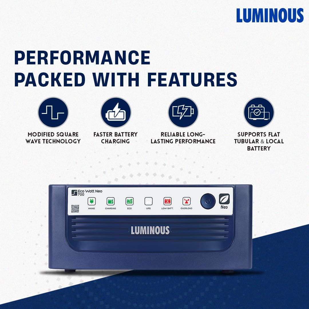 Luminous Inverter & Battery Combo (Eco Watt Neo 700 Square Wave 600VA/12V Inverter with Red Charge RC 15000ST Short Tubular 120Ah Battery)