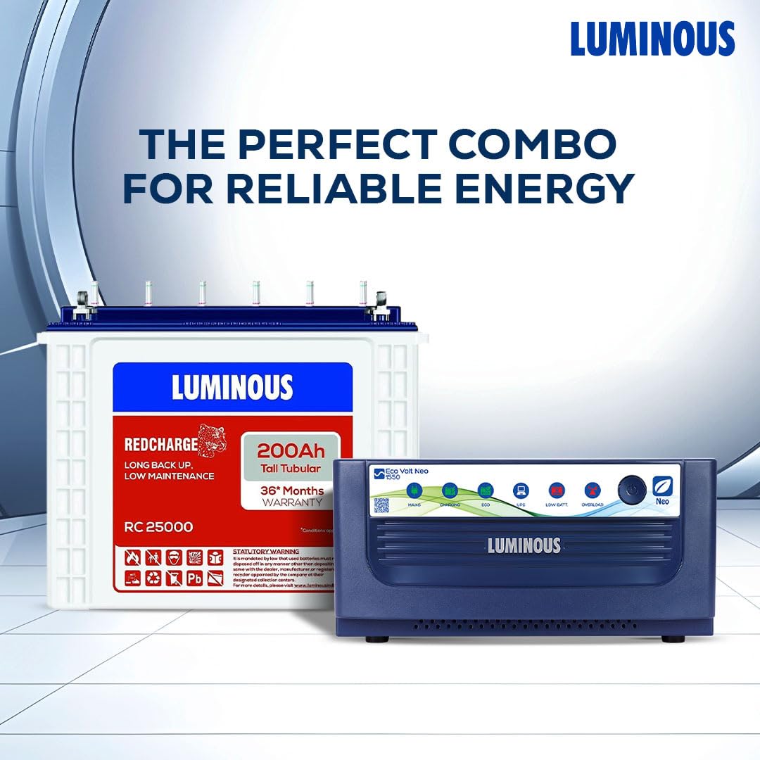 Luminous Inverter & Battery Combo for Home, Office & Shops | Eco Volt Neo 1550 (1400VA/12V) Pure Sine Wave Inverter | RC 25000 200 Ah T