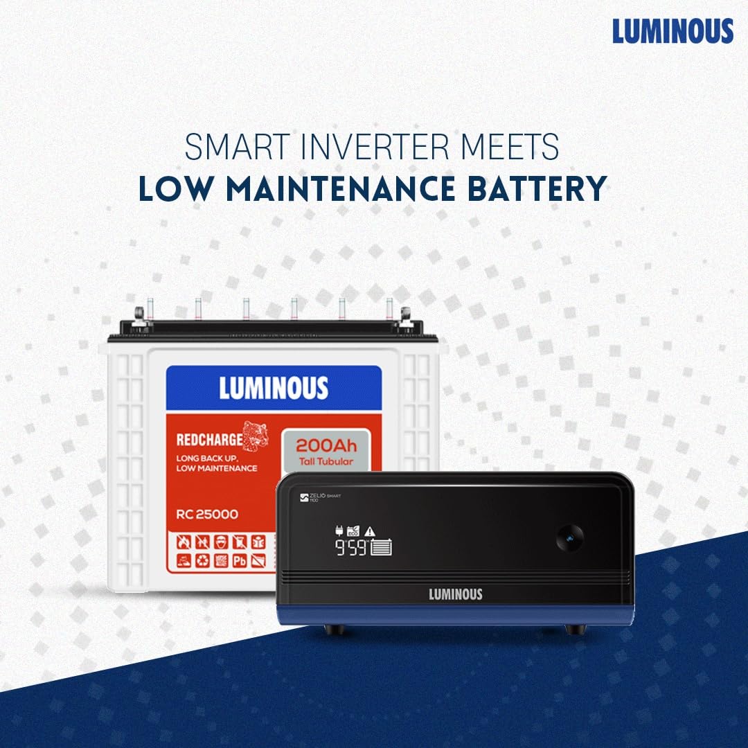 Luminous Inverter & Battery Combo Zelio+ 1100 (900VA/12V) Pure Sine Wave Inverter + RC25000 200Ah Tall Tubular Battery