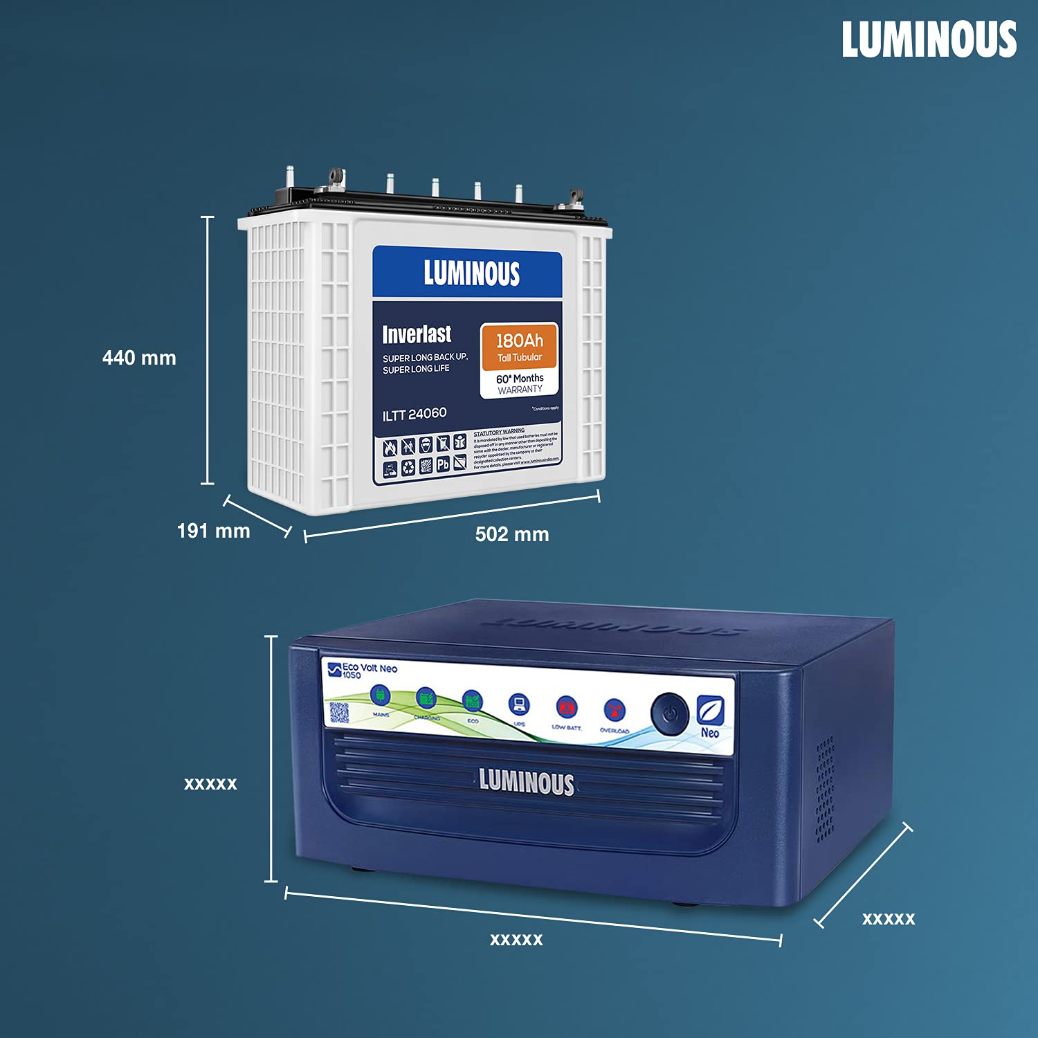 Luminous Inverter & Battery Combo for Home, Office & Shops ( Eco Volt Neo 1050 Sine Wave Inverter, Inverlast ILTT 24060 180 Ah