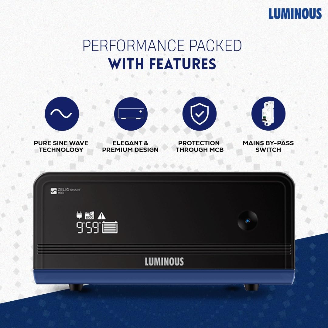 Luminous Inverter & Battery Combo with Trolley for Home & Shops | Zelio+ 1100 (900VA/12V) Pure Sine Wave Inverter | RC 18000ST 150 Ah Short Tubular Battery 