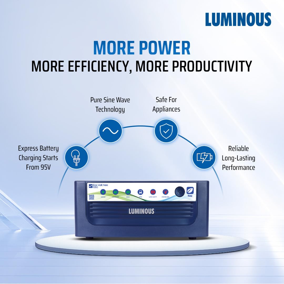 Luminous Inverter & Battery Combo for Home, Shop & Office – Eco Volt Neo 1050 (900VA/12V) Sine Wave Inverter + RC18000 150Ah Tall Tubular Battery