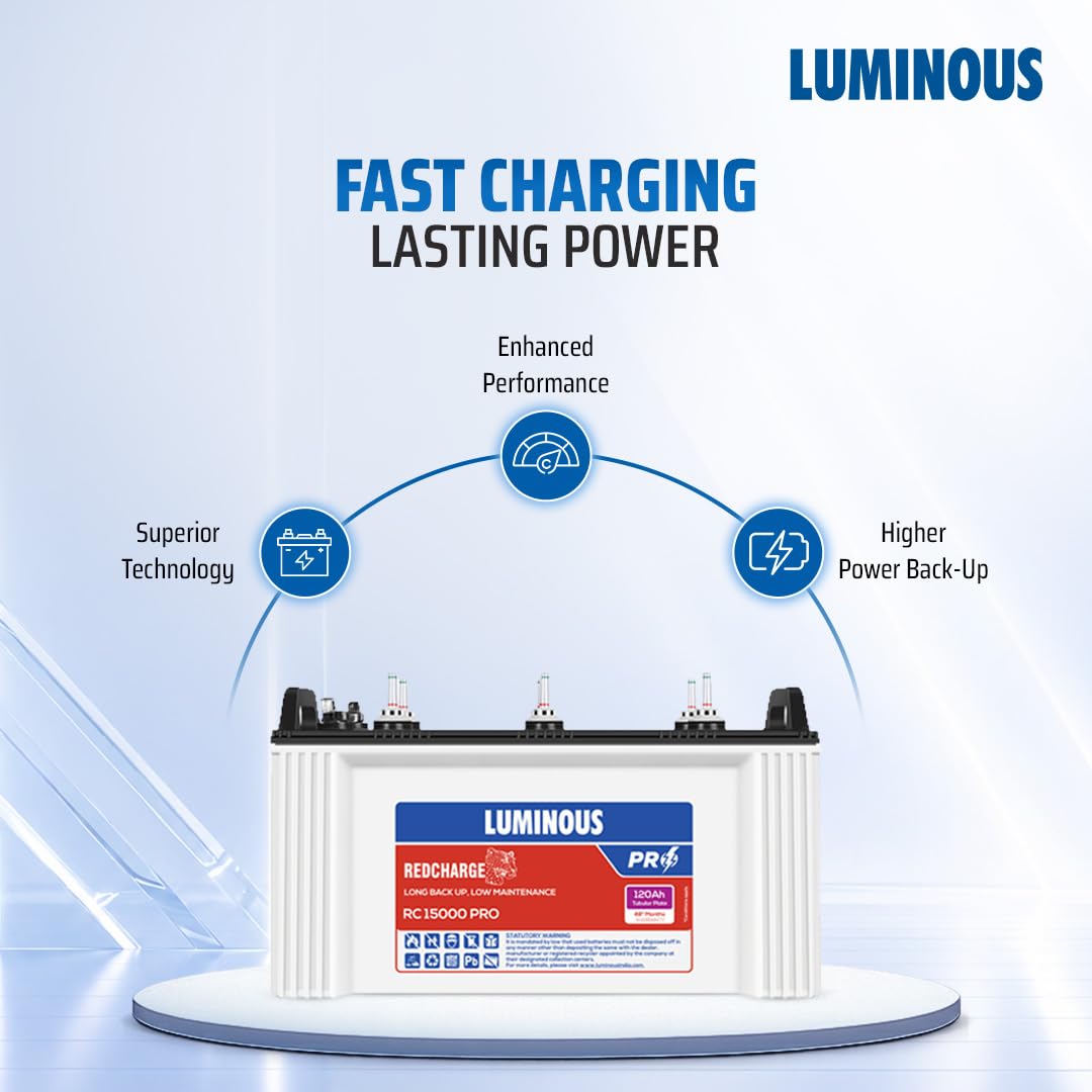 Luminous Inverter & Battery Combo with Trolley for Home & Shops | Zelio+ 1100 (900VA/12V) Pure Sine Wave Inverter | RC 15000 Pro 