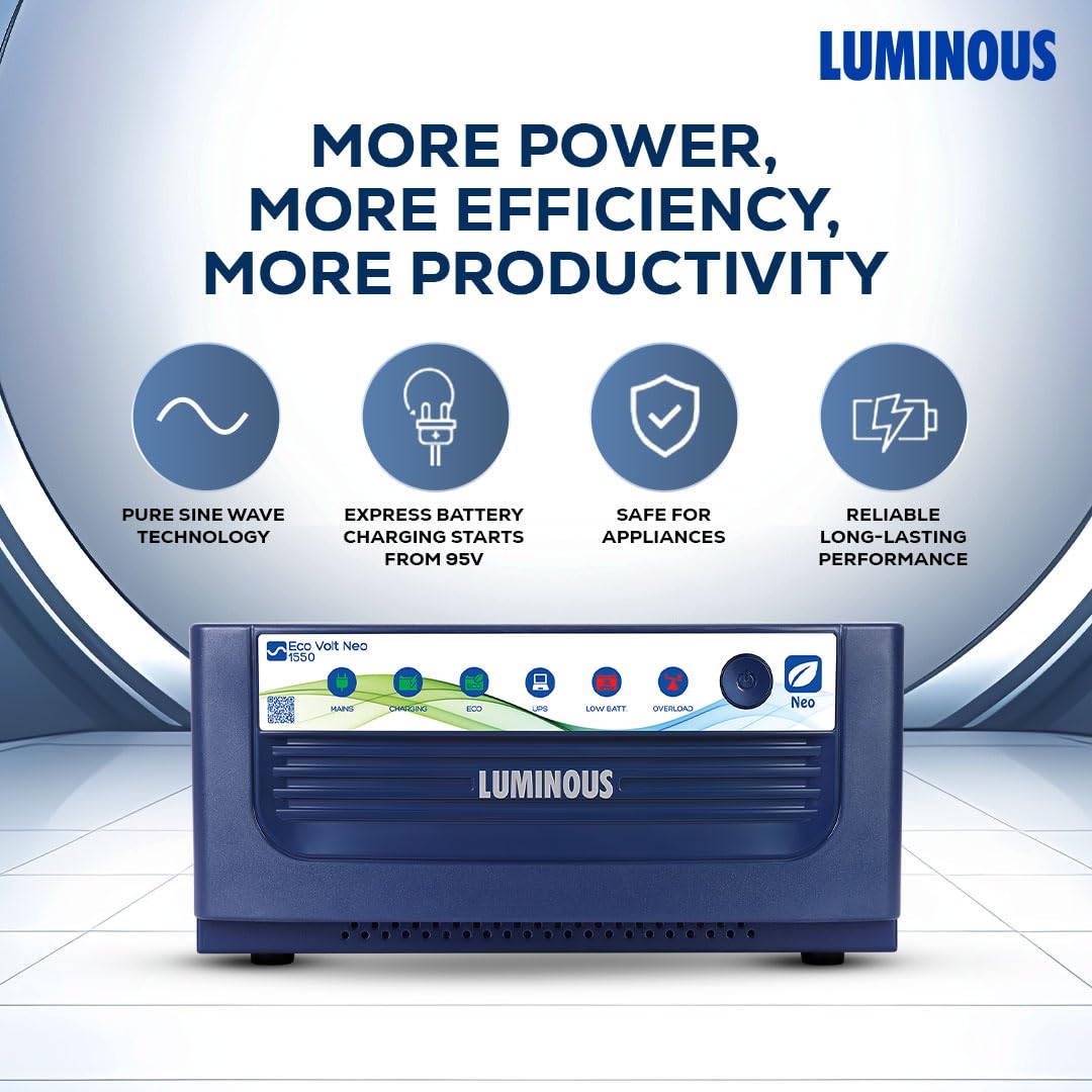 Luminous Inverter & Battery Combo for Home, Office & Shops | Eco Volt Neo 1550 (1400VA/12V) Pure Sine Wave Inverter | RC 25000 200 Ah T