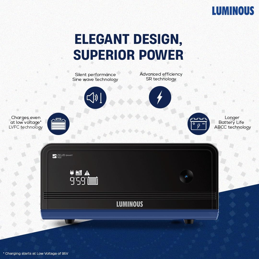 Luminous Inverter & Battery Combo Zelio+ 1100 (900VA/12V) Pure Sine Wave Inverter + RC25000 200Ah Tall Tubular Battery
