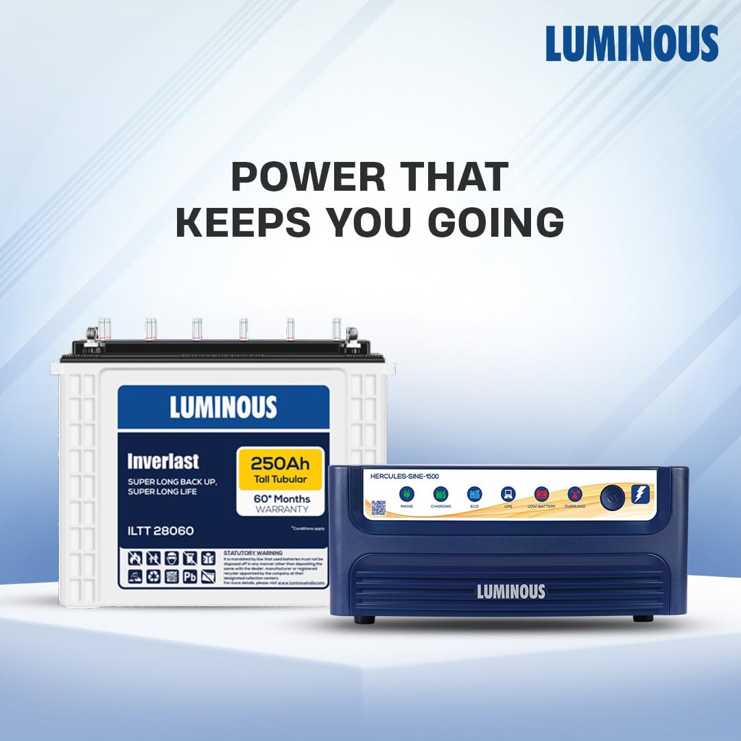 Luminous Inverter & Battery Combo for Home, Office & Shops | Hercules Sine Pro 1500 (1400VA/12V) Pure Sine Wave Inverter | ILTT 28060 250 Ah Tall Tubular Battery | 