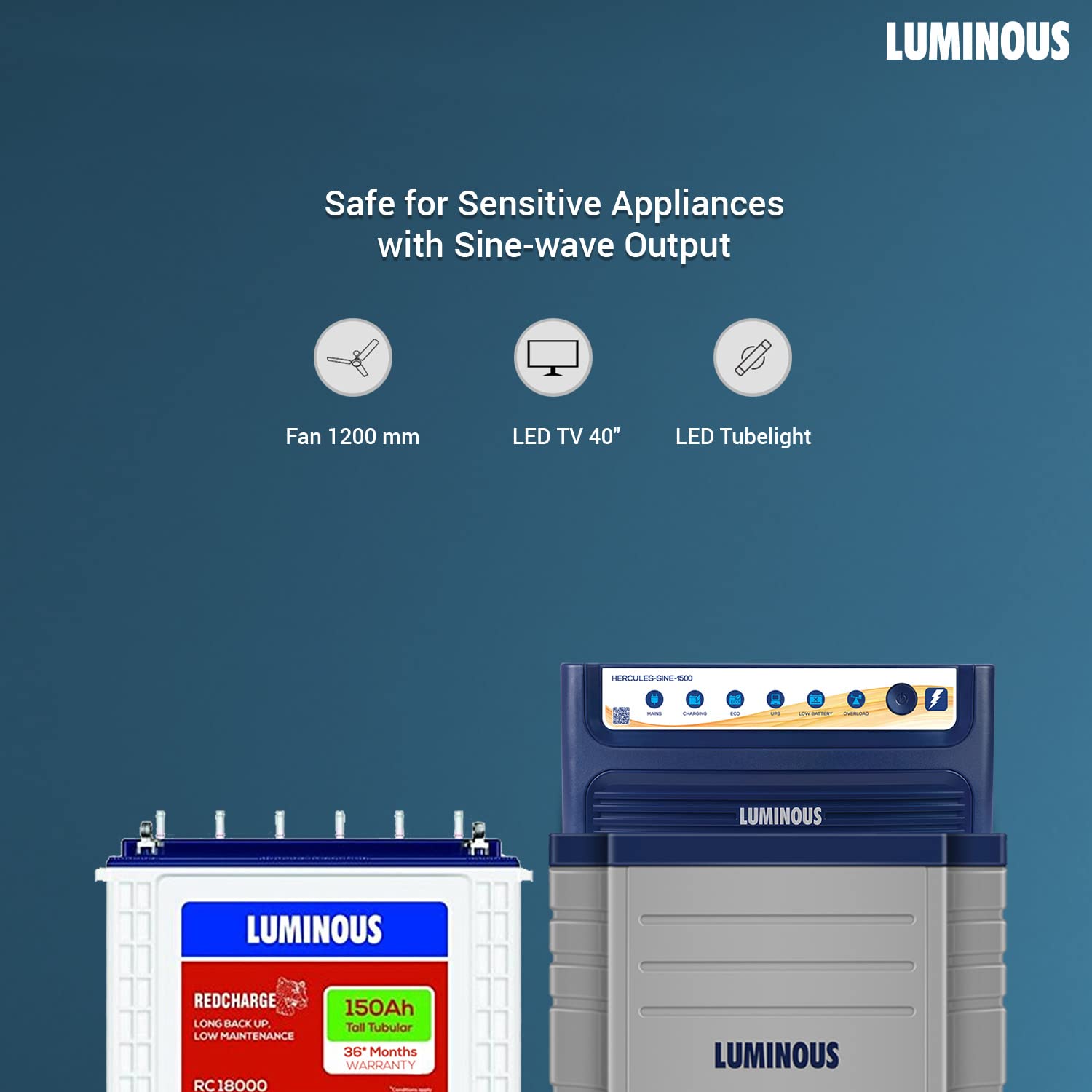 Luminous Inverter & Battery Combo with Trolley for Home & Shop | Hercules Sine Pro 1500 (1400VA/12V) Pure Sine Wave Inverter | RC18000 150Ah Tall Tubular Battery