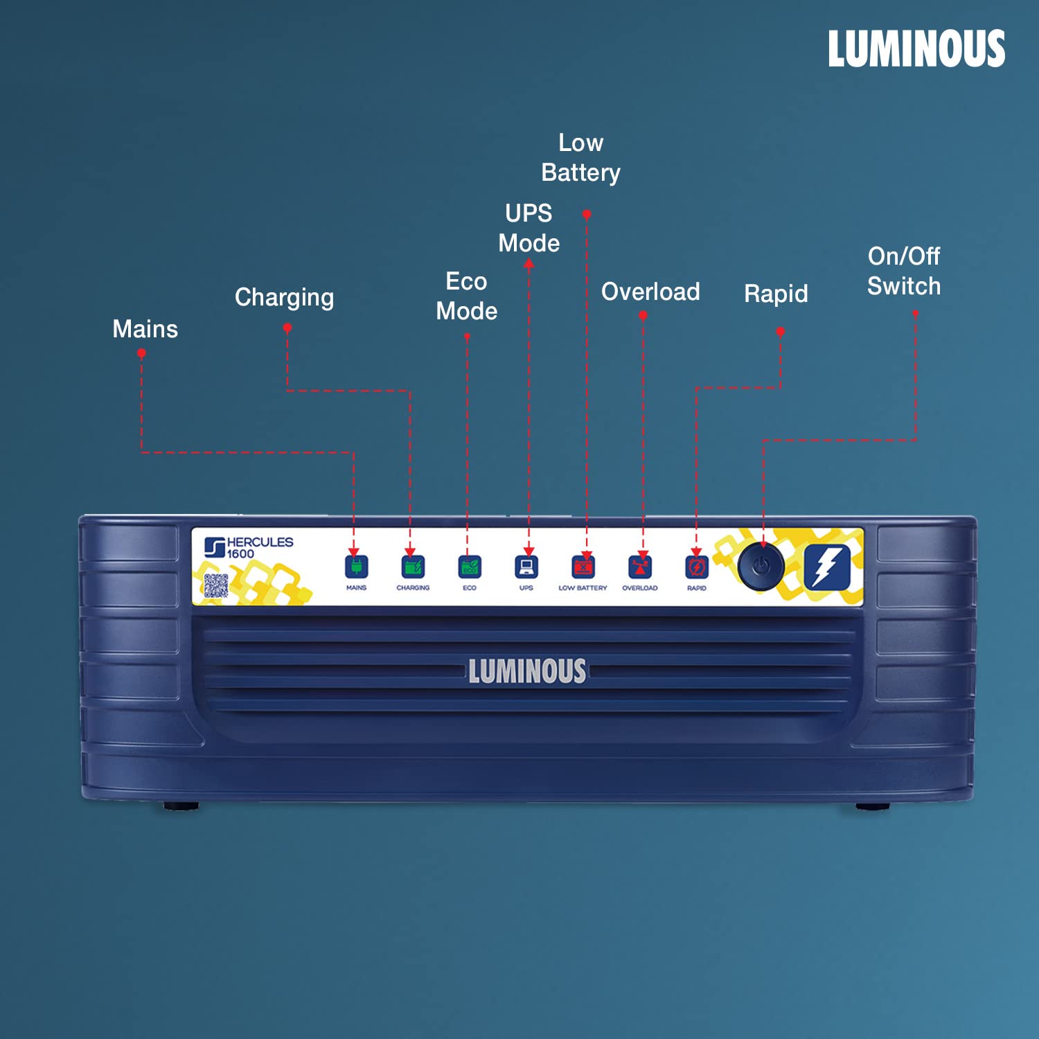 Luminous Inverter for Home, Office & Shop with Luminous Battery, Hercules 1600 Square Wave 1500VA 12 Volt Inverter with Red Charge RC 