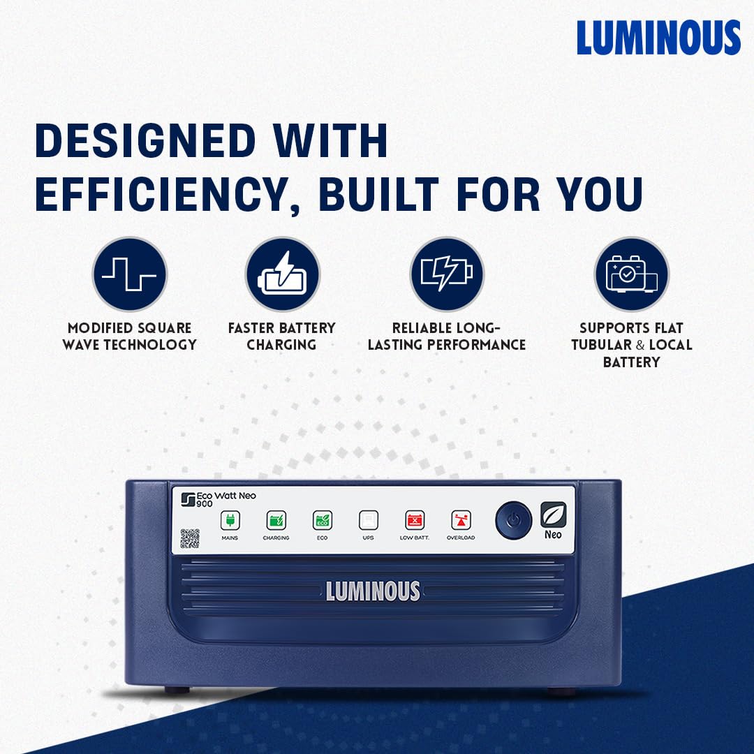 Luminous Inverter & Battery Combo (Eco Watt Neo 900 Square Wave 800VA/12V Inverter, Red Charge RC 15000PRO 120Ah Battery)  
