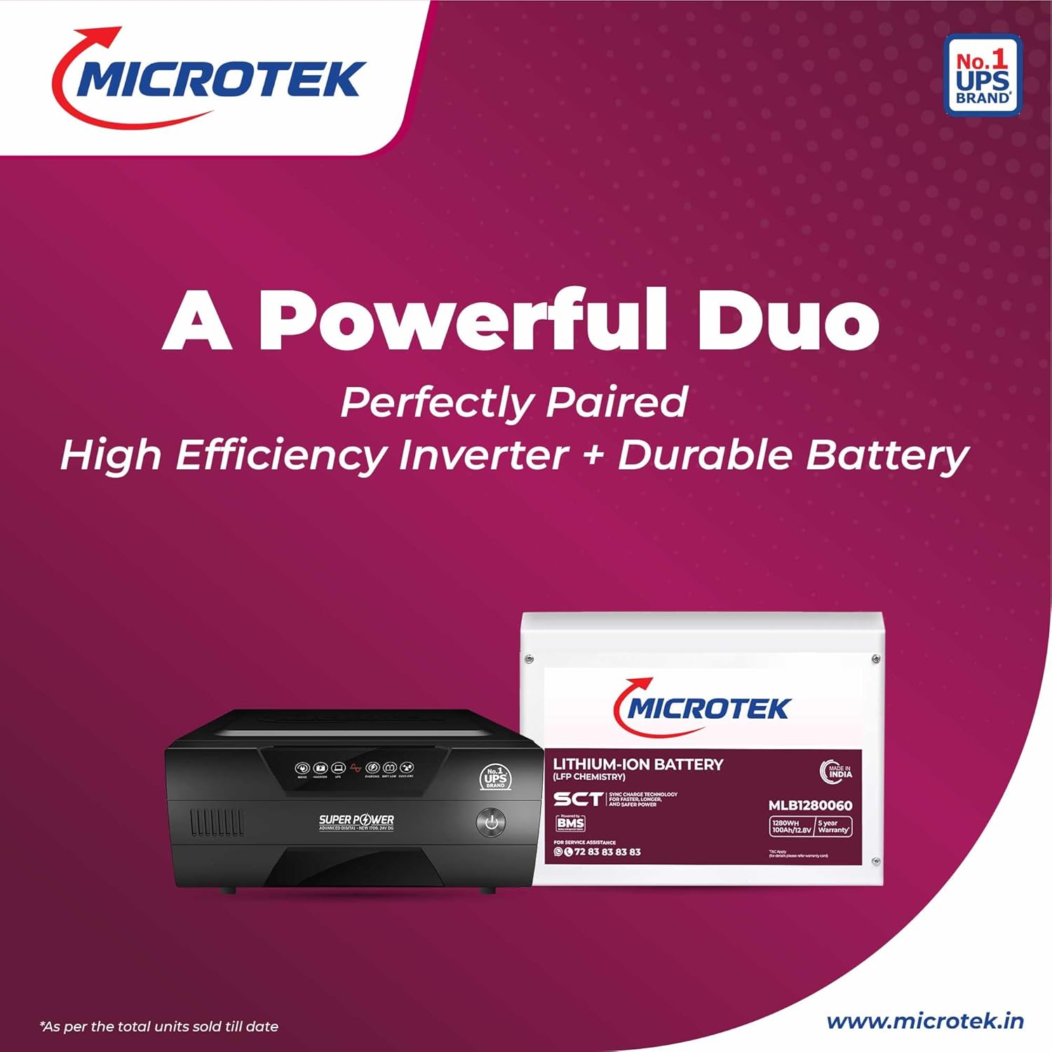 Microtek lithium Combo – Super Power 1100 Advanced Digital Inverter (950VA/780W,12V) with Lithium-Ion Battery 12.8V/100Ah