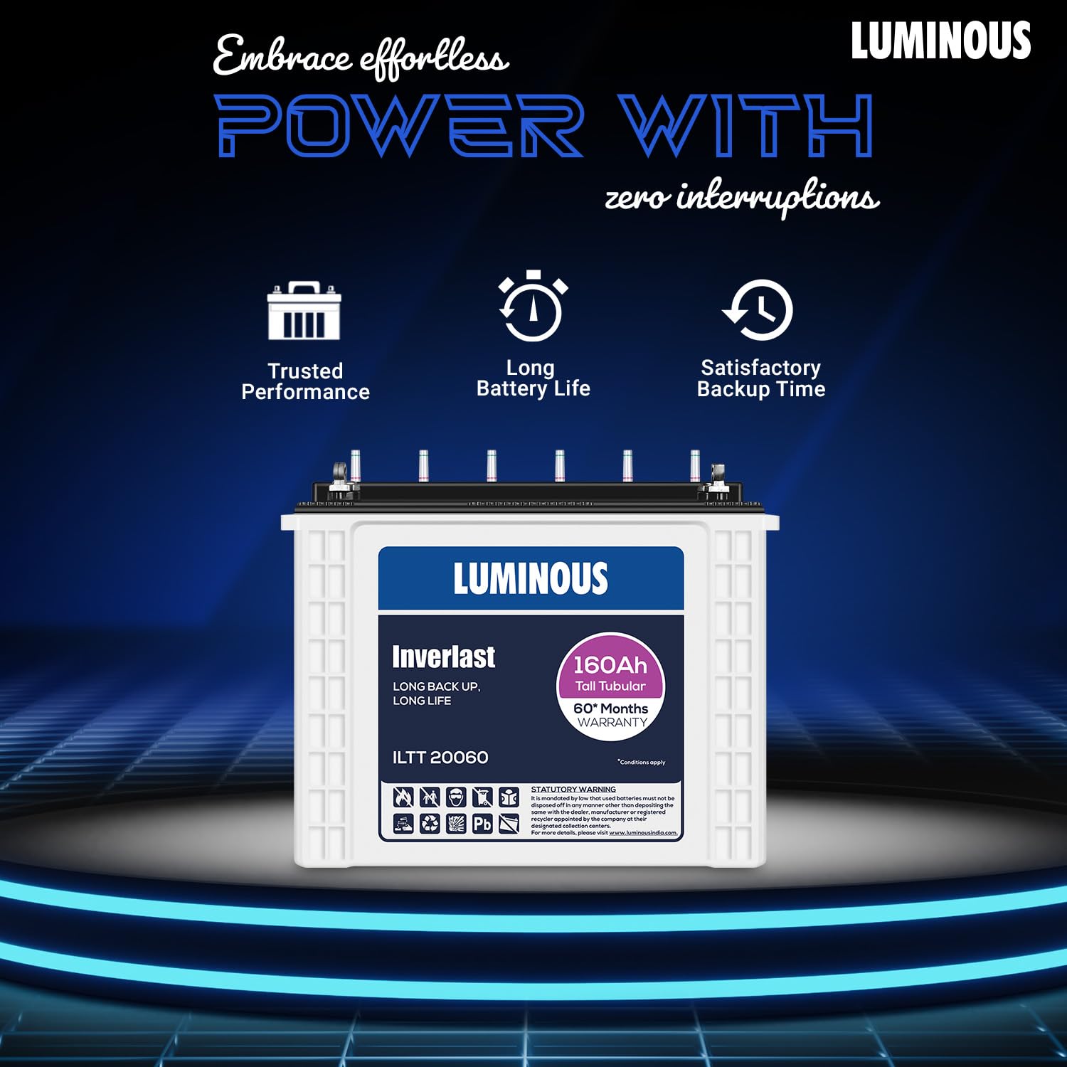Luminous Inverter & Battery Combo (Power sine 1100 Pure Sine Wave 900VA/12V Inverter with ILTT20060 Tall Tubular 160Ah Battery) f
