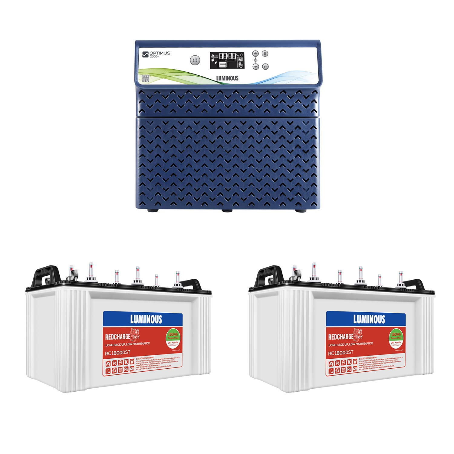 Luminous Inverter & Battery Combo for Home, Office & Shops | Optimus 2300+ (2000VA/24V) Pure Sine Wave Inverter | 2 x RC 18000ST 150 Ah Tubular Batteries |