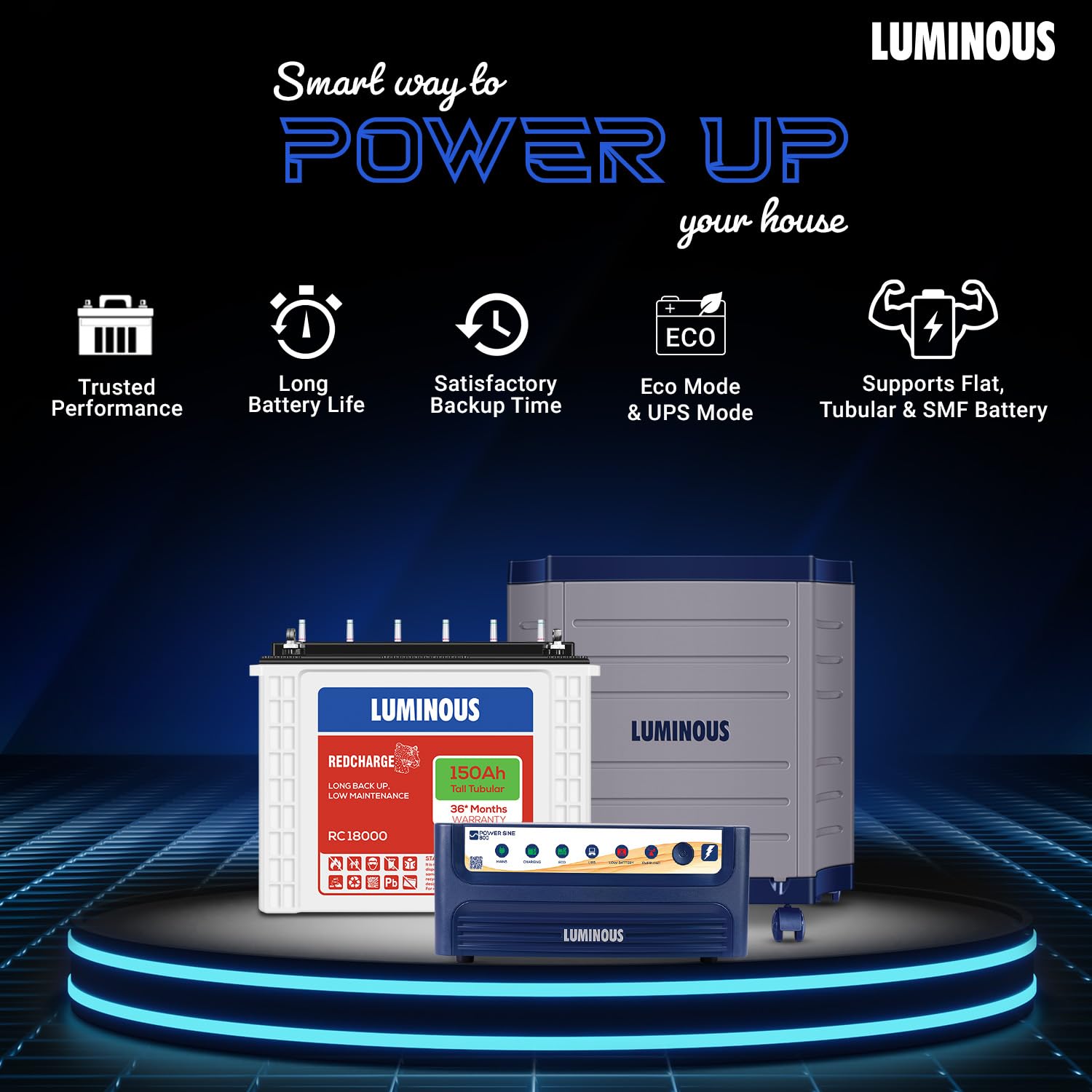 Luminous Inverter & Battery Combo (Power sine 800 Pure Sine Wave 700VA/12V Inverter with RC 18000 Tall Tubular 150Ah Battery + Trolley) 