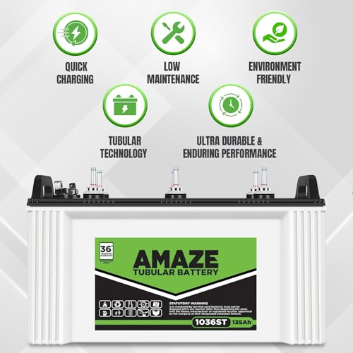Amaze Short Tubular Battery for Home, Office & Shops | 1036ST 135Ah | Easy Installation | Durable and Reliable Inverter Battery | Minimum Maintenance | with 36 Months Warranty